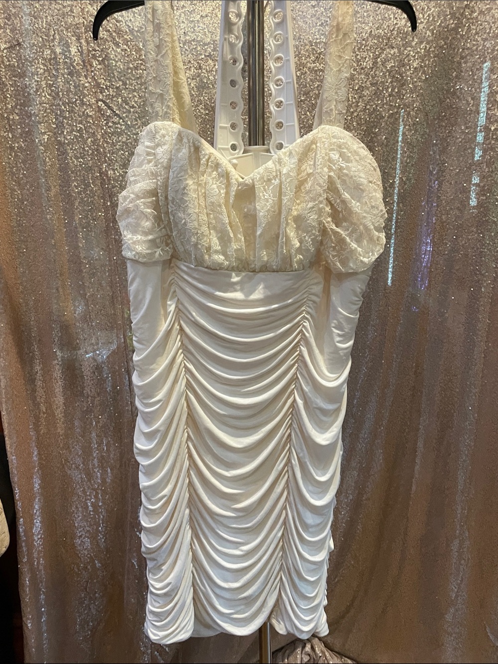 Ivory Ruched Lace Cocktail Dress